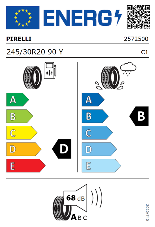 Tyre Label for Pirelli P Zero Corsa 245/30R20 90Y